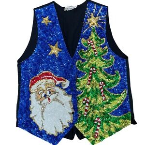 Fashion Fantasy‎ Vintage Full Sequin Christmas Vest Santa Tree Blue Candy Cane